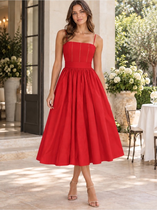 Commense Dresses & Skirts - Red Midi Fit-and-Flare Dress with Spaghetti Straps
